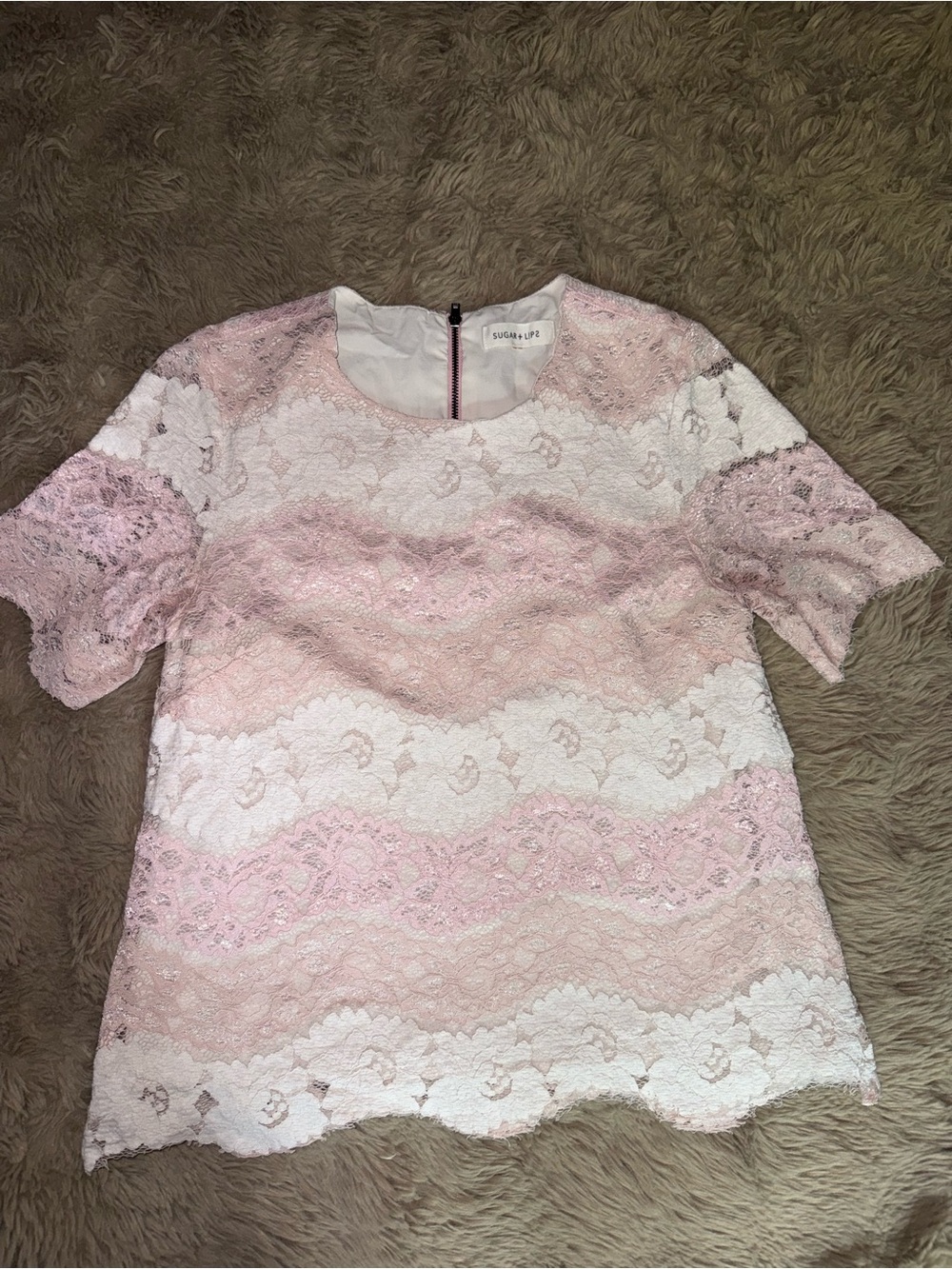 Sugarlips Pink and White Lace Short Sleeve Blouse